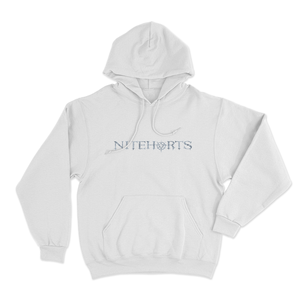Niteharts Distressed Gothic Logo Unisex Hoodie White Niteharts Distressed Gothic Logo Unisex Hoodie White